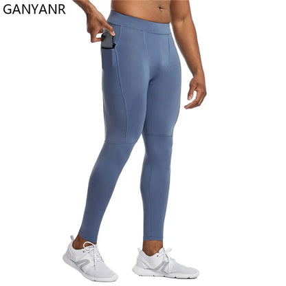 GANYANR Running Tights Men Fitness Training Track Suit Compression With Pockets winter Legging Cargo pants Sports gym 2in1 sport