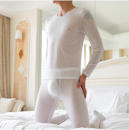 Quick Drying Thermal Underwear Men Thin Summer Ice Silk Boys High Elastic Lingerie Perspective Tight Silky and Slippery Bottomed