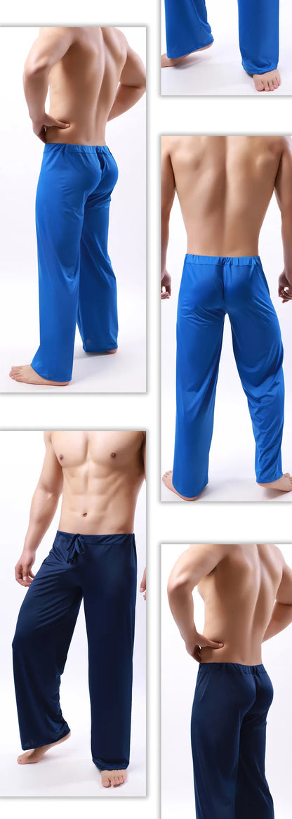 Sexy Men's Casual Pyjama Pants Solid Color Ice Silk Drawstring Elastic Waist Loose-Fitting Yoga Trouser Lounge Pajama Pants