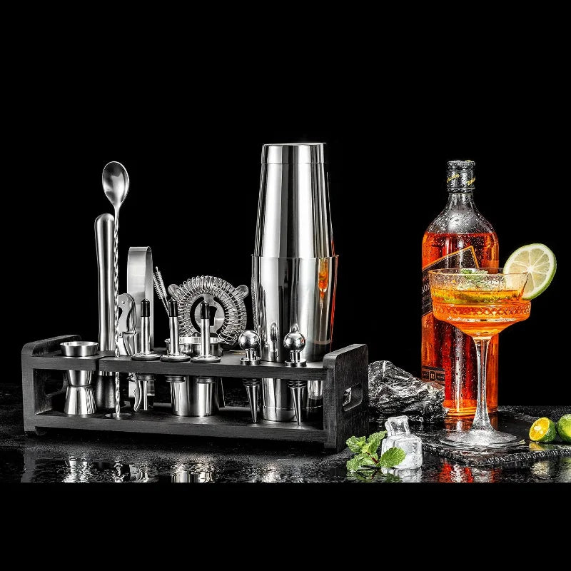 24-Piece Cocktail Shaker Set,Perfect Home Bartender Kit for Drink Mixing,Stainless Steel Bar Tools with Stand,Velvet Carry Bag