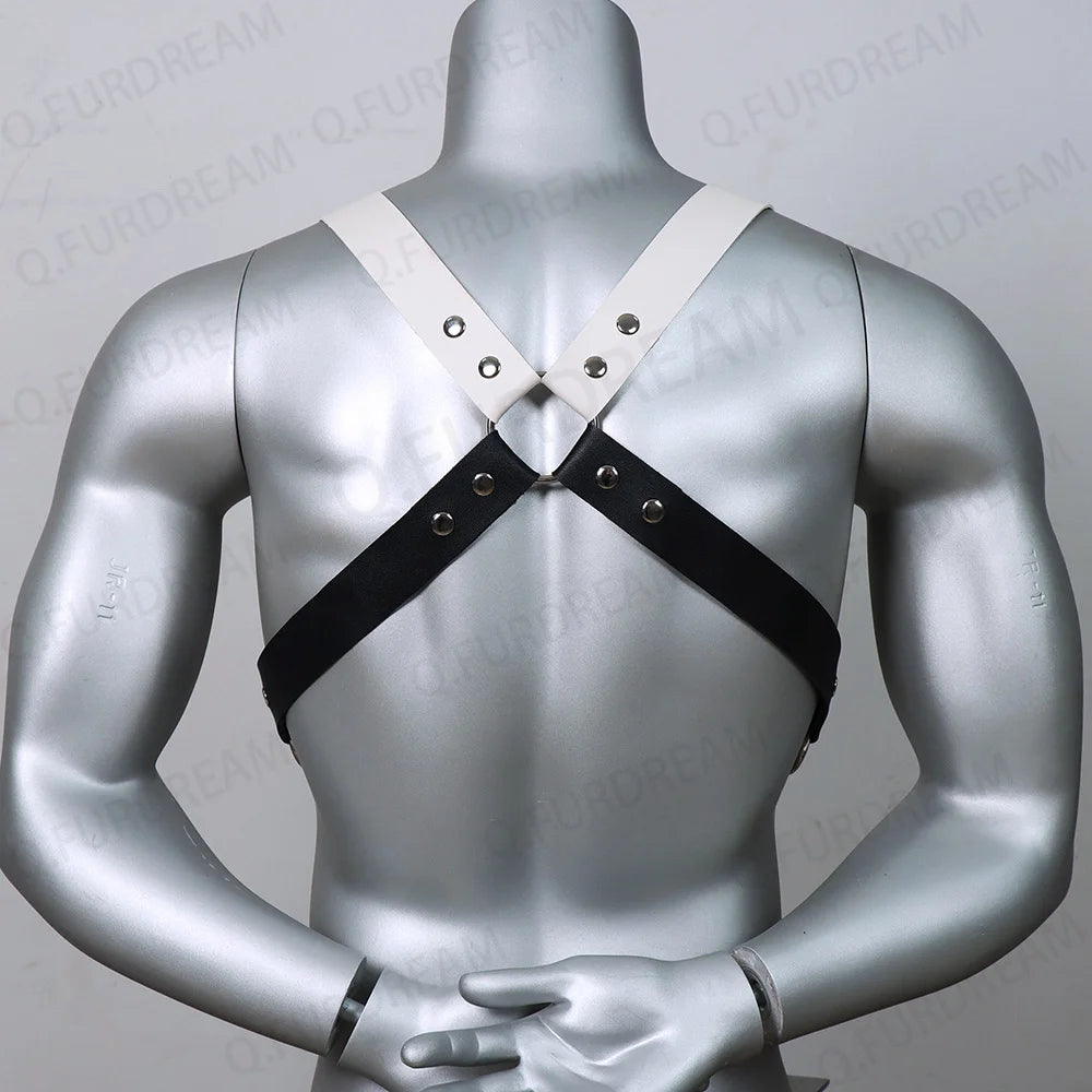 Men Black White Faux Leather Metal Rings Body Chest Harness Punk Male Leather Bondage Costume Sexy Gay Club Rave Straps Crop Top