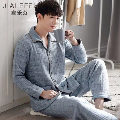 Fall & Winter Thicken Men's Pajama Sets Simple Warm Sleepwear Cotton Top Pant Leisure Outwear Soft Plus Size Loungewear 2024