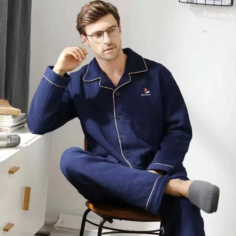 Fall & Winter Thicken Men's Pajama Sets Simple Warm Sleepwear Cotton Top Pant Leisure Outwear Soft Plus Size Loungewear 2024