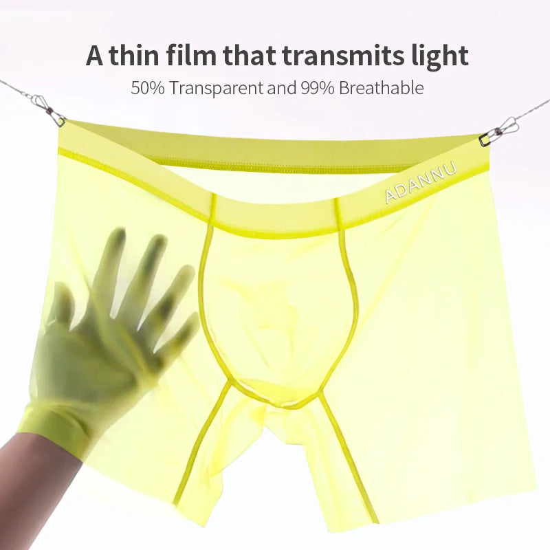 1PCS ADANNU Ice Silk Transparent Boxers For Men See Through Male Underpants Seamless Underwear Ultra-thin Boxer Shorts