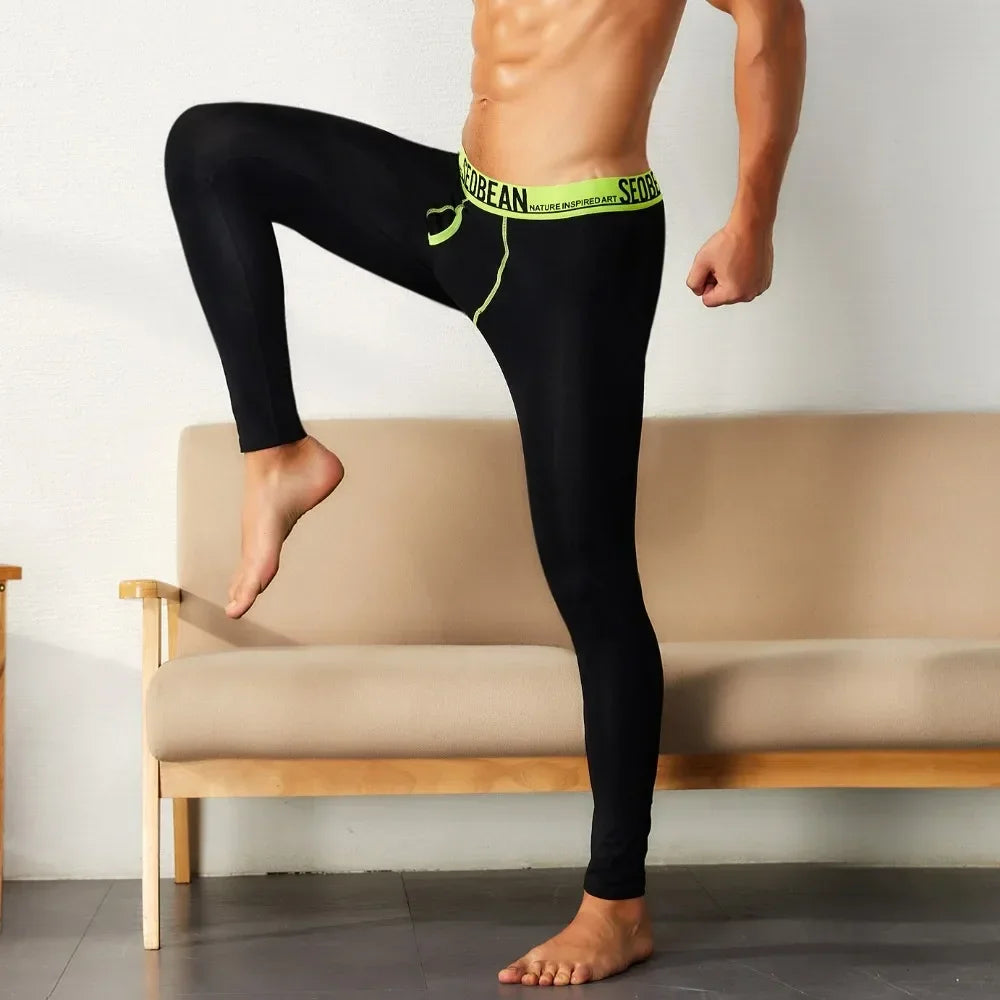 SEOBEAN-Men's Sexy Cotton Long Johns, Open Thermal Underpants, Sexy Pants, Monochromatic Leggings