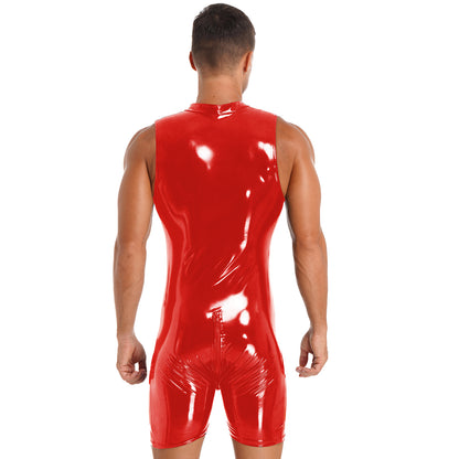 Mens Wet Look Zipper Bodysuit One Piece Patent Leather Sleeveless Jumpsuits Rave Pole Dancing Stage Performance Costume Clubwear