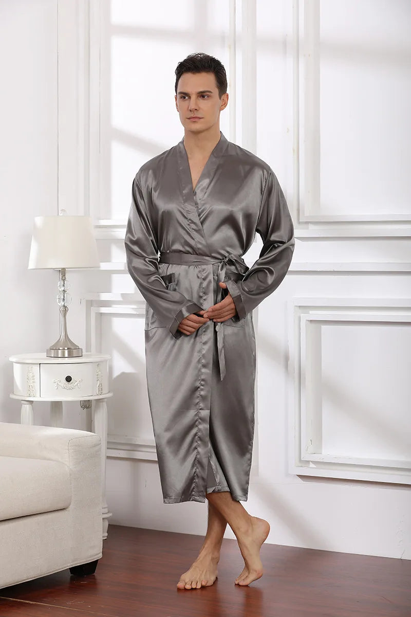 Plus Size Male Sleepwear Kimono Bath Robe Gown Gray Long Sleeve V-Neck Nightwear with Belt Pocket Spring Summer Men Home Clothes