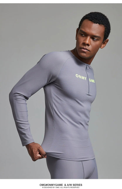 Men Sports Fitness Top Long Sleeve Zipper Neck Streetwear