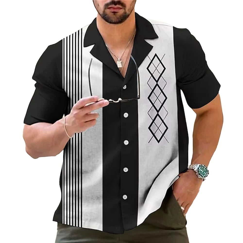 Mens Casual Vintage Bowling Shirt Retro Striped Short Sleeve Button Down Shirts Beach Shirt Men's Tops Costume