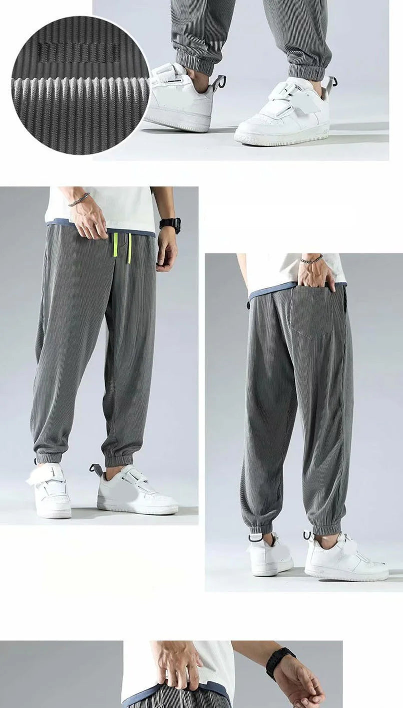 Summer Invisible Zipper Open Crotch Ice Silk Jogger Pants Thin Harem Male Oversized Sportswear Trousers