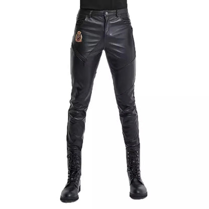 Men's Motorcycle Windproof Leather Pants, Warm Knight Pants, Slim, Cool, Sheepskin, Autumn, Winter