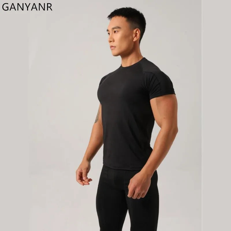 GANYANR Running T-Shirt Man Short Sleeve Fitness Compression Sports Active Wear Sportswear Gym Training Quick Dry Tee Jogging