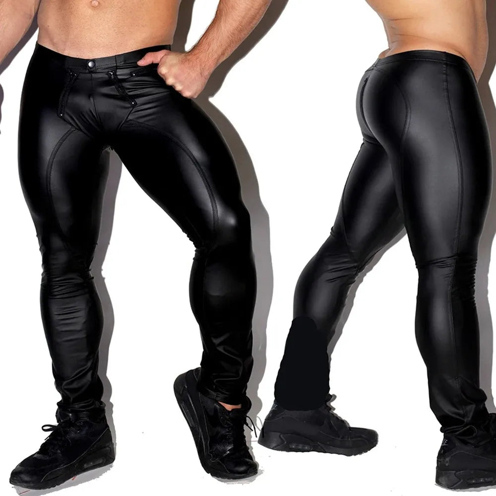 Men PU Leather Leggings Fashion Men Leather Pants Wetlook Tights Skinny Pouch Open Trousers Clubwear Tight Gay Exotic Costume