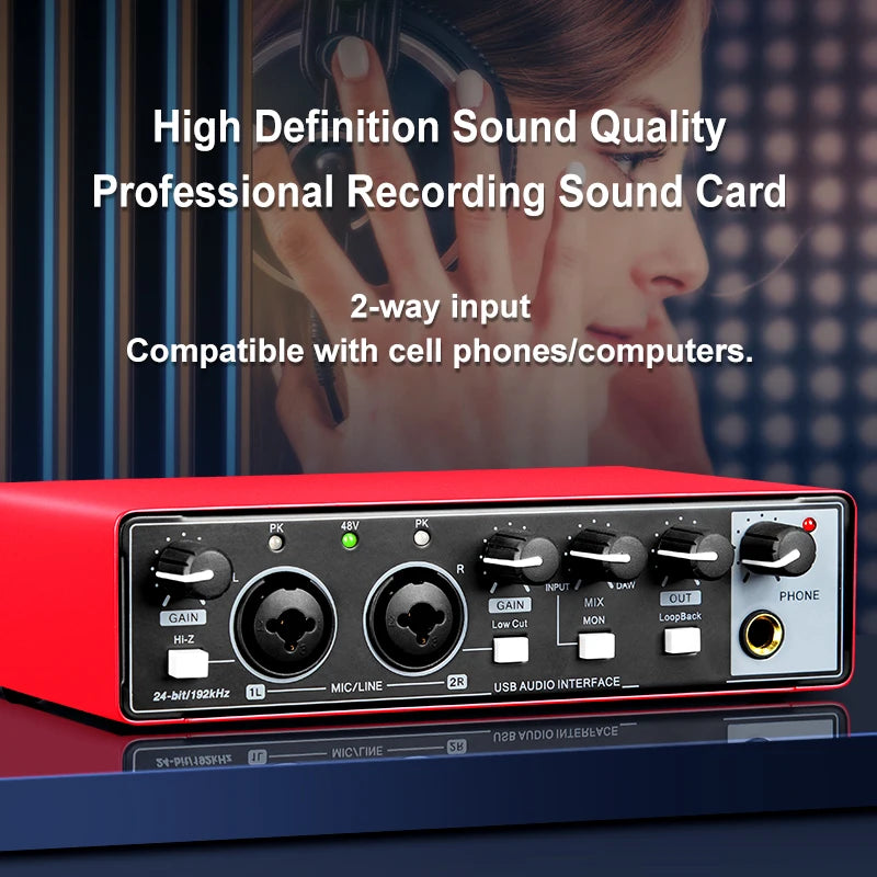 2-channel audio interface sound card with display, professional recording studio mixer for electric guitar on-site recording, 24