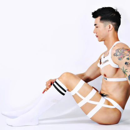 Male Erotic Fetish Costume Strap Lingerie Body Harness Stockings Sexy Mens Jockstrap Thigh Suspender Briefs with Bandage Belt