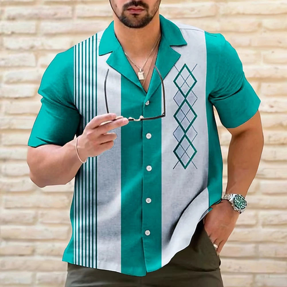 Mens Casual Vintage Bowling Shirt Retro Striped Short Sleeve Button Down Shirts Beach Shirt Men's Tops Costume