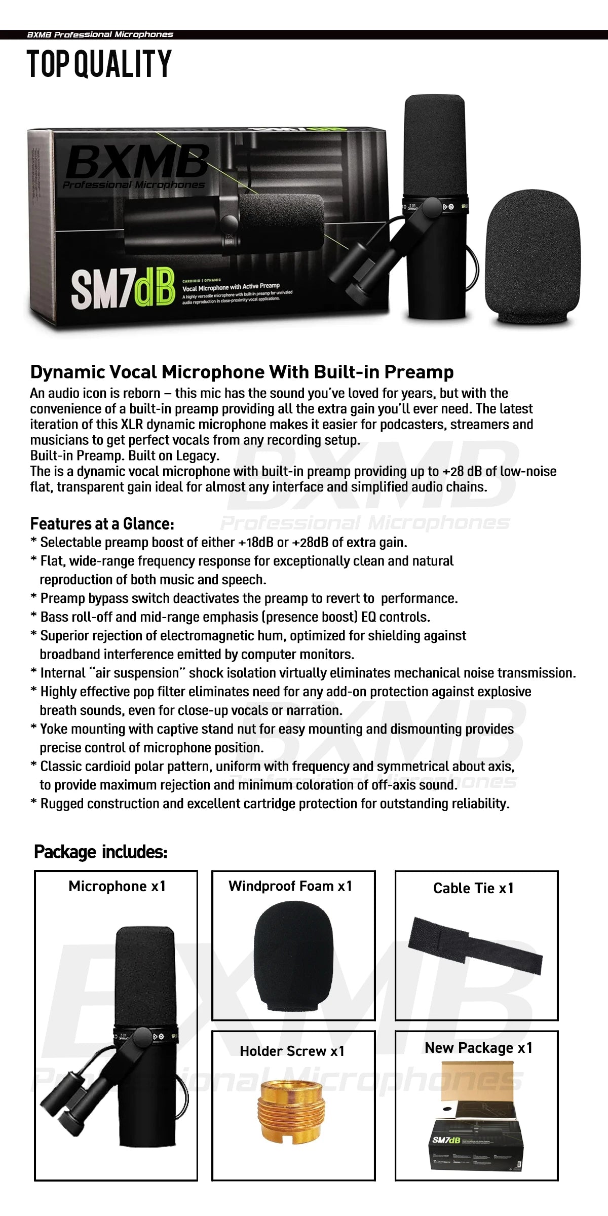 Newest! Metal SM7DB Dynamic Vocal SM7B Microphone With Built-in Preamp ﻿For Podcasting Home Studio Recording Gaming Broadcasting