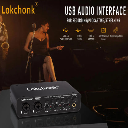 UX22 Audio Interface Sound Card 32-bit/192KHz AD Converter, Electric Guitar Live Recording Professional Studio Singing, Podcast