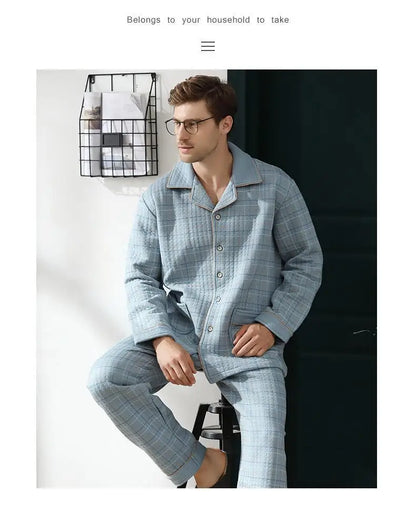 Fall & Winter Thicken Men's Pajama Sets Simple Warm Sleepwear Cotton Top Pant Leisure Outwear Soft Plus Size Loungewear 2024