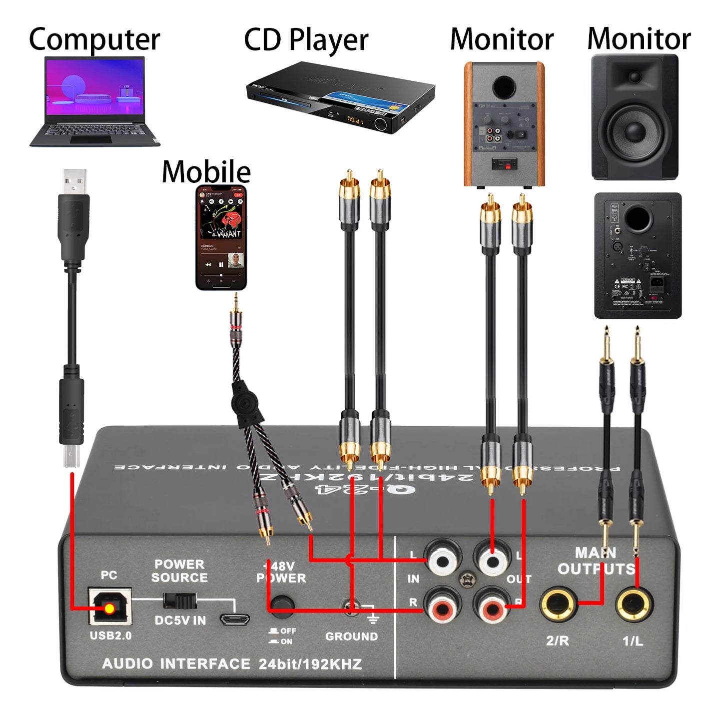 Professional 24Bit 192KHz Audio Interface 2 Input Sound Card for Guitar Loopback USB External Soundcard Studio PC Recording Q24