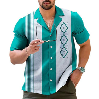 Mens Casual Vintage Bowling Shirt Retro Striped Short Sleeve Button Down Shirts Beach Shirt Men's Tops Costume