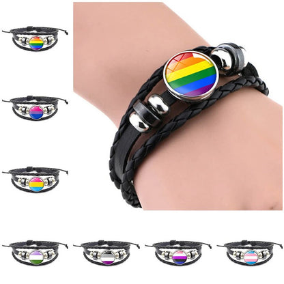 LGBT Leather Bracelet Gay Pride Rainbow Glass Snap Button Handmade Wrap Braided PU Leather Bracelets Lesbian Bisexual Jewelry