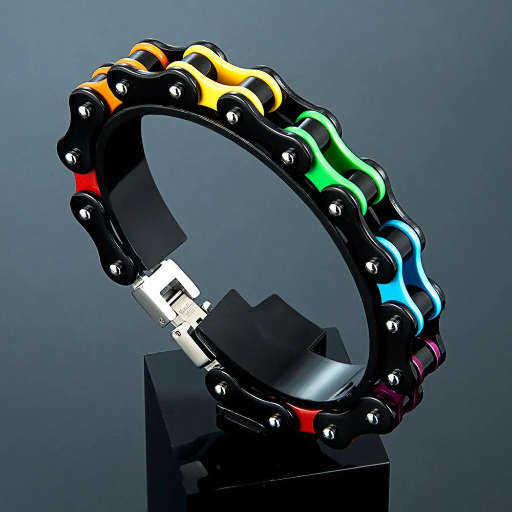 Locomotive Punk Pride Bracelet Black Stainless Steel Enamel Rainbow LGBT Bicycle Chain Bracelet For Gay Lesbian Couple Gifts