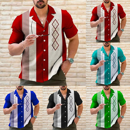 Mens Casual Vintage Bowling Shirt Retro Striped Short Sleeve Button Down Shirts Beach Shirt Men's Tops Costume