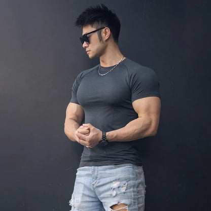 Gym Men's Summer Fitness Sports Casual Slim Men's T-shirt Short Sleeve Slim Muscle Outdoor Fashion Bodybuilding Tight Clothing