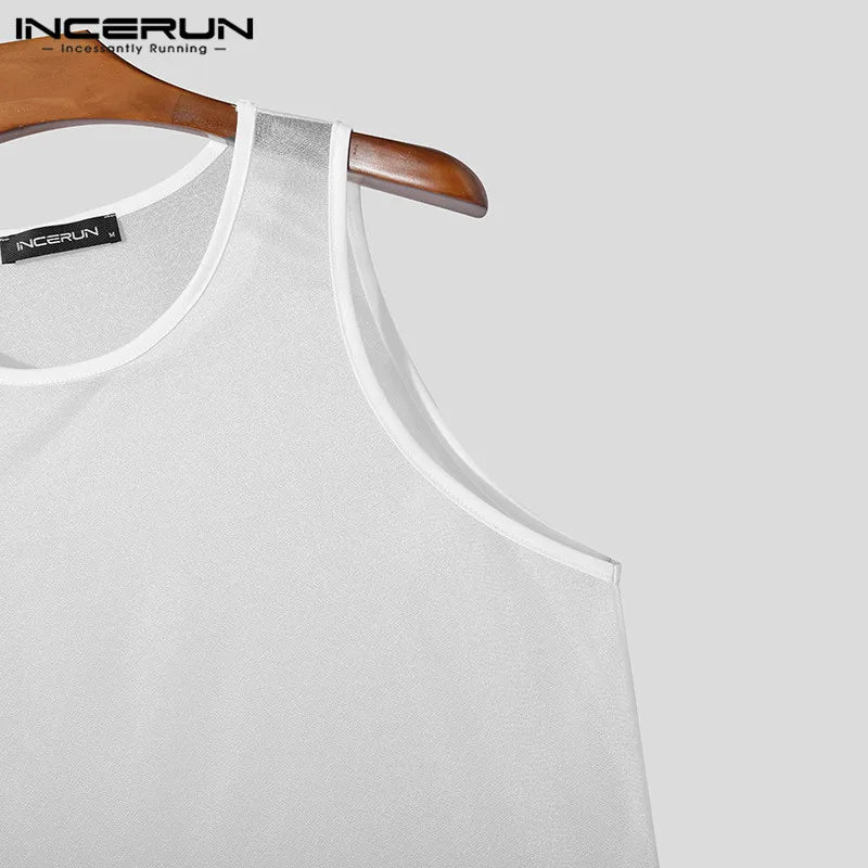 Men Tank Tops Solid O-neck Sleeve Mesh Transparent Sexy Vests Streetwear 2024 Fashion Party Casual Men Clothing S-5XL INCERUN