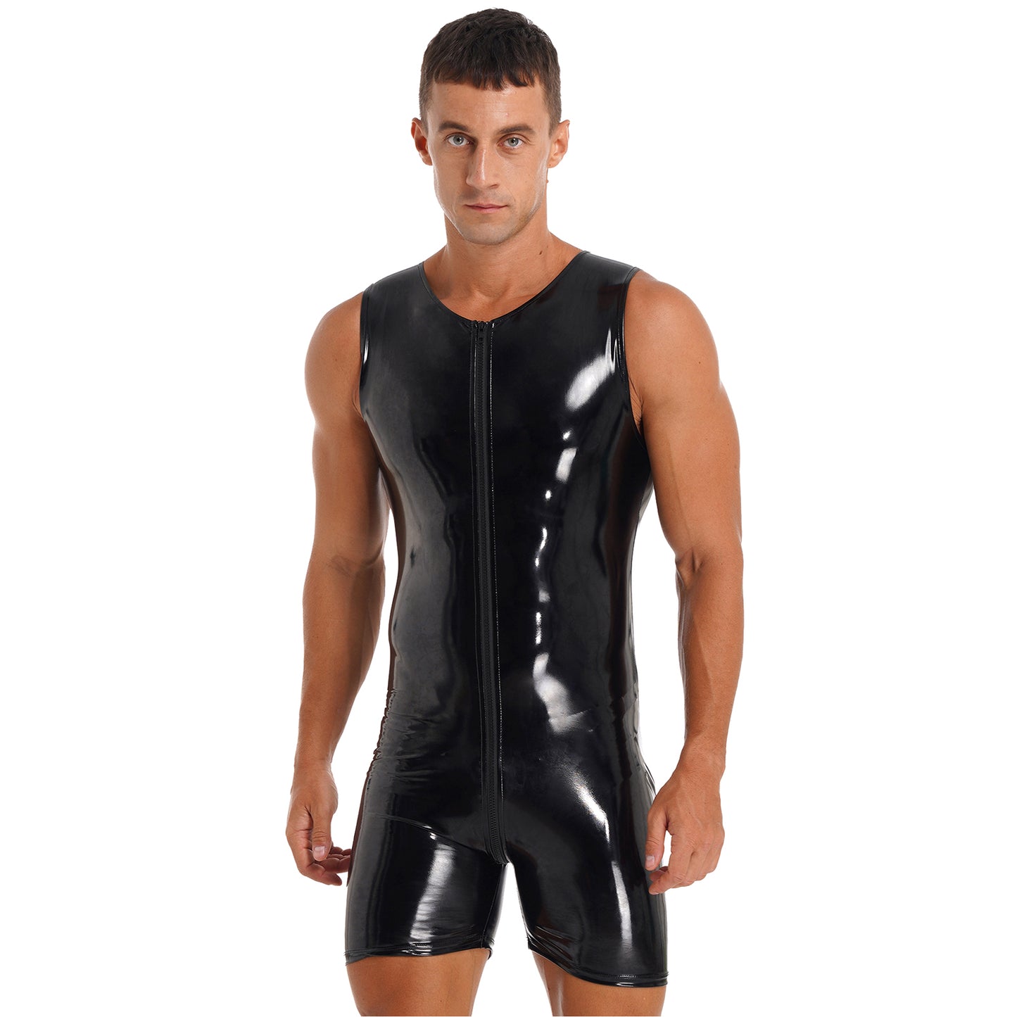 Mens Black Tank Sleeveless Zipper Patent Leather Glossy Round Neck Sleeveless Jumpsuits Club Stage Performance Costume Bodysuit