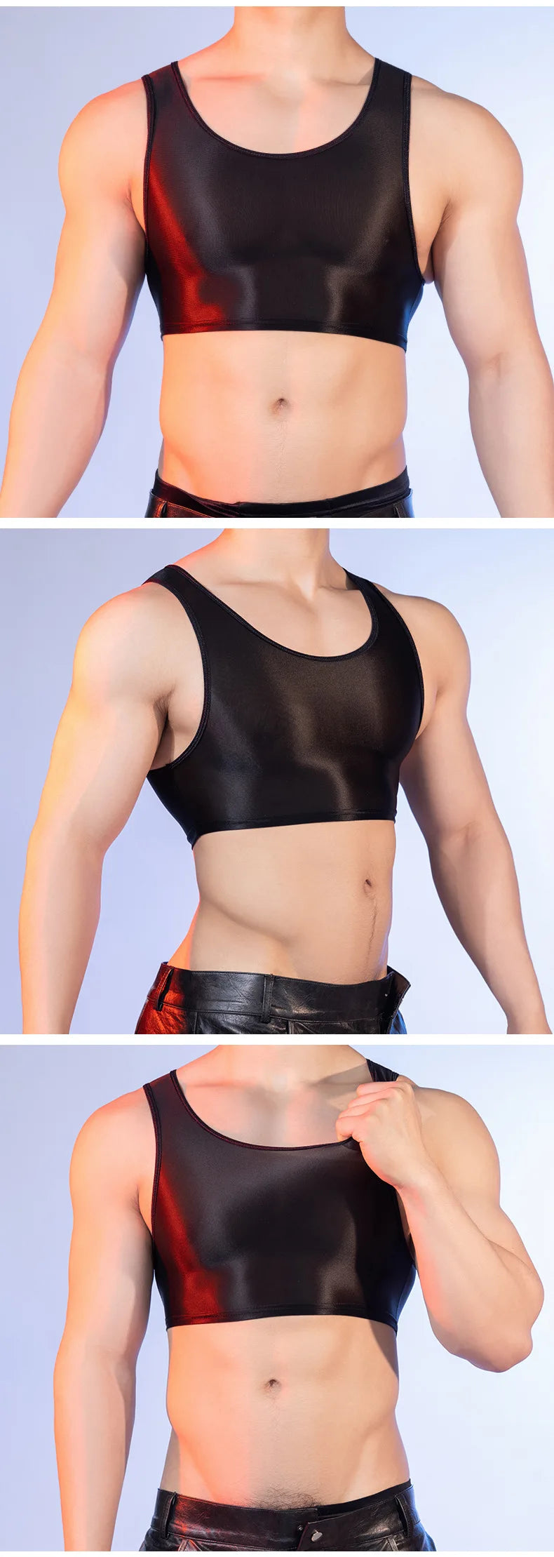 Sexy Men's Crop Tops High Elastic Satin Shiny Smooth Tanks Tops Gym Sleeveless Shirts Night Club Man Clothing Summer Short Vest