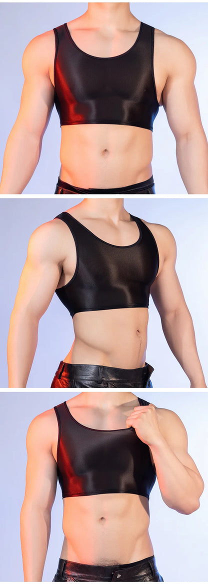 Sexy Men's Crop Tops High Elastic Satin Shiny Smooth Tanks Tops Gym Sleeveless Shirts Night Club Man Clothing Summer Short Vest