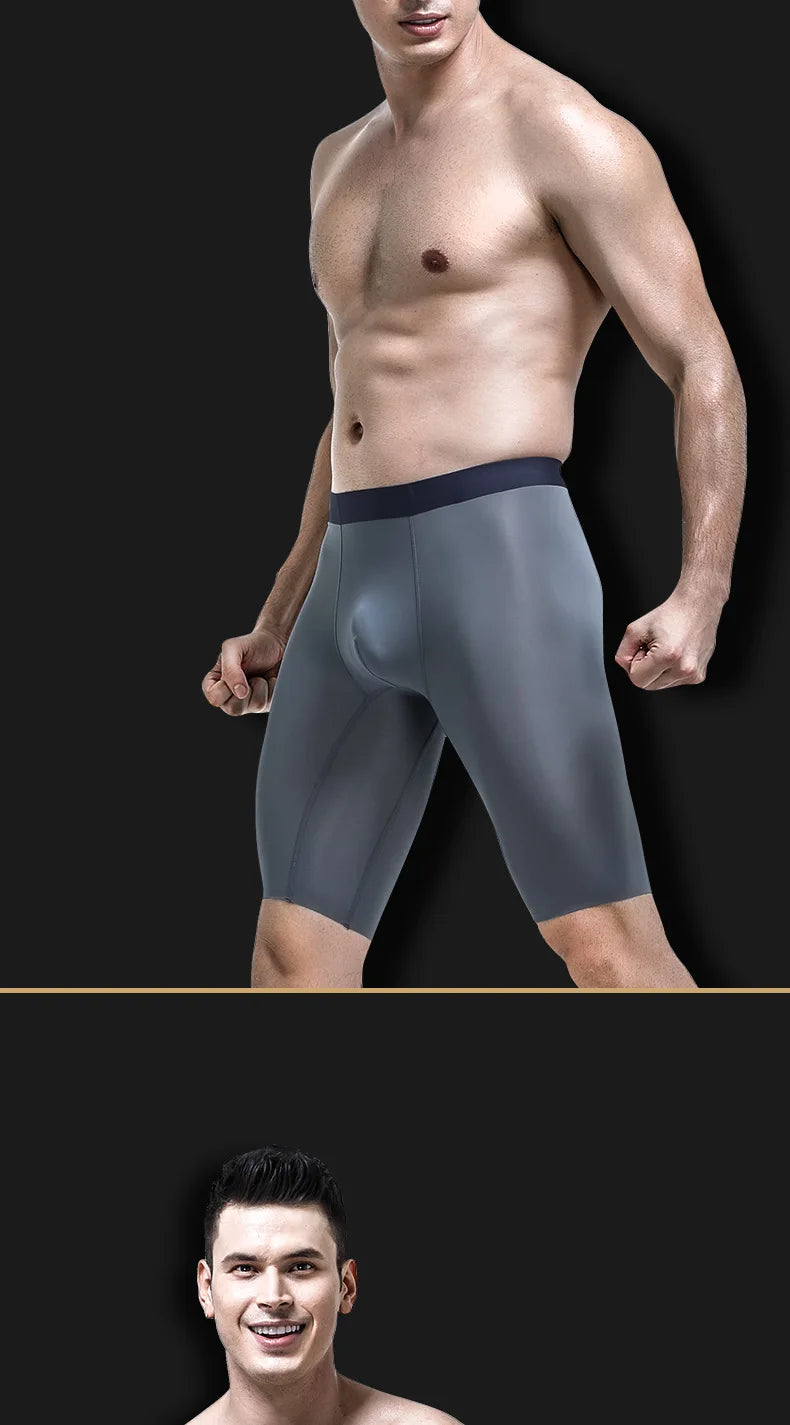 Men's Thin Ice Silk Breathable Pouch Middle Long Leg Boxers