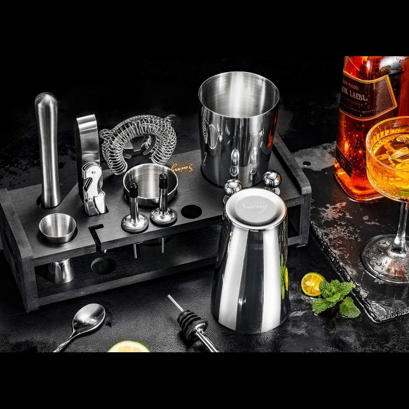 24-Piece Cocktail Shaker Set,Perfect Home Bartender Kit for Drink Mixing,Stainless Steel Bar Tools with Stand,Velvet Carry Bag