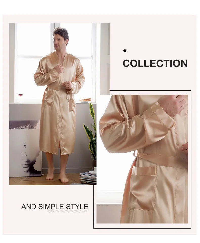 Plus Size Male Sleepwear Kimono Bath Robe Gown Gray Long Sleeve V-Neck Nightwear with Belt Pocket Spring Summer Men Home Clothes