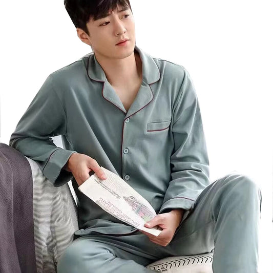 Men's Spring And Fall Cotton Pajamas Long-Sleeved Cotton Home Wear Casual Outwear Big Yards Boys Home Wear Suit