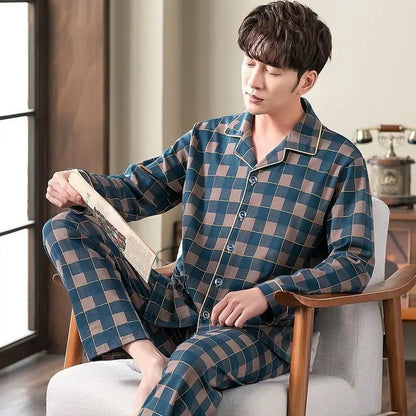 Men's Spring And Fall Cotton Pajamas Long-Sleeved Cotton Home Wear Casual Outwear Big Yards Boys Home Wear Suit