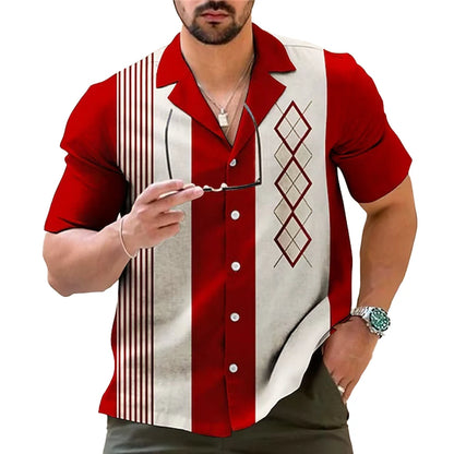 Mens Casual Vintage Bowling Shirt Retro Striped Short Sleeve Button Down Shirts Beach Shirt Men's Tops Costume