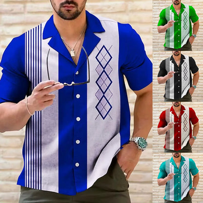 Mens Casual Vintage Bowling Shirt Retro Striped Short Sleeve Button Down Shirts Beach Shirt Men's Tops Costume