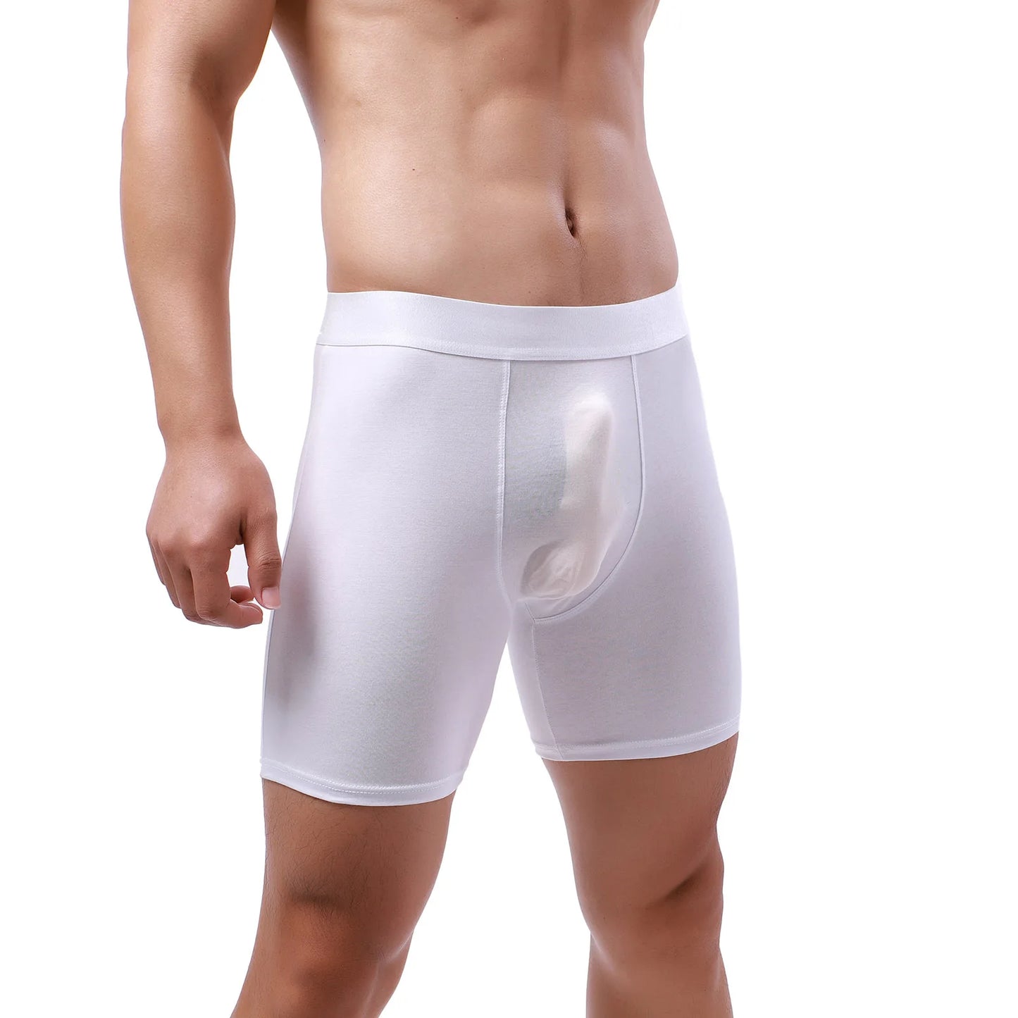 CLEVER-MENMODE Men Long Leg Boxer Cotton Underwear Transparent Penis Pouch