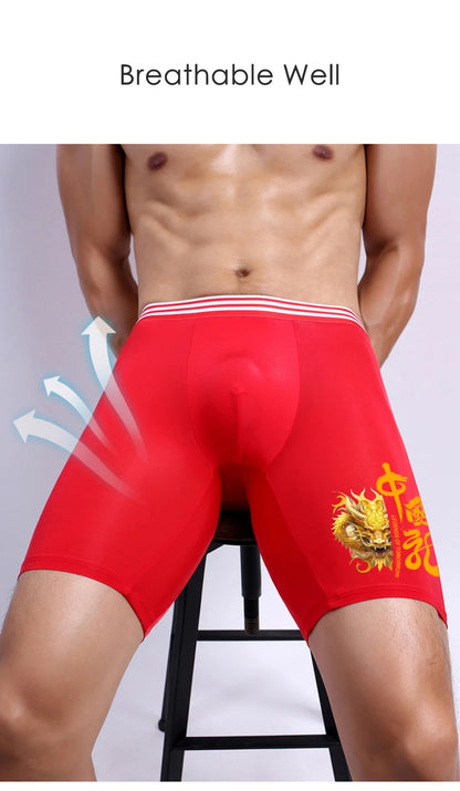 Large Size Men Underwear Boxer Shorts Homme Ice Silk Breathable Sexy Panites Man Print U Convex Pouch Sports Long Leg Underpants