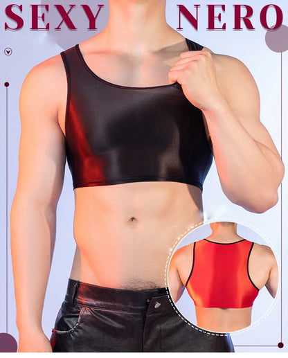 Sexy Men's Crop Tops High Elastic Satin Shiny Smooth Tanks Tops Gym Sleeveless Shirts Night Club Man Clothing Summer Short Vest