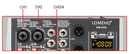 AM-AX4 Mini 4 Channels Individual 48V Phantom Power Mobile 99 DSP Effects Bluetooth USB Computer Play Record Podcast Audio Mixer