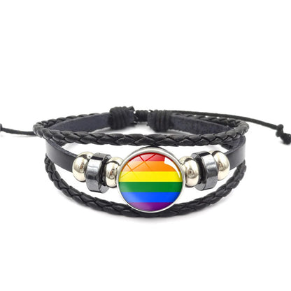 LGBT Leather Bracelet Gay Pride Rainbow Glass Snap Button Handmade Wrap Braided PU Leather Bracelets Lesbian Bisexual Jewelry