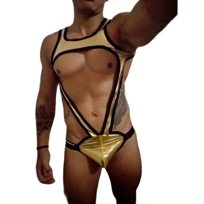 Gay Men Underwear Underpants Sexy Shiny Imitation Leather Men's Thong Sissy String Homme Bodysuit Jockstrap Cuecas Masculinas