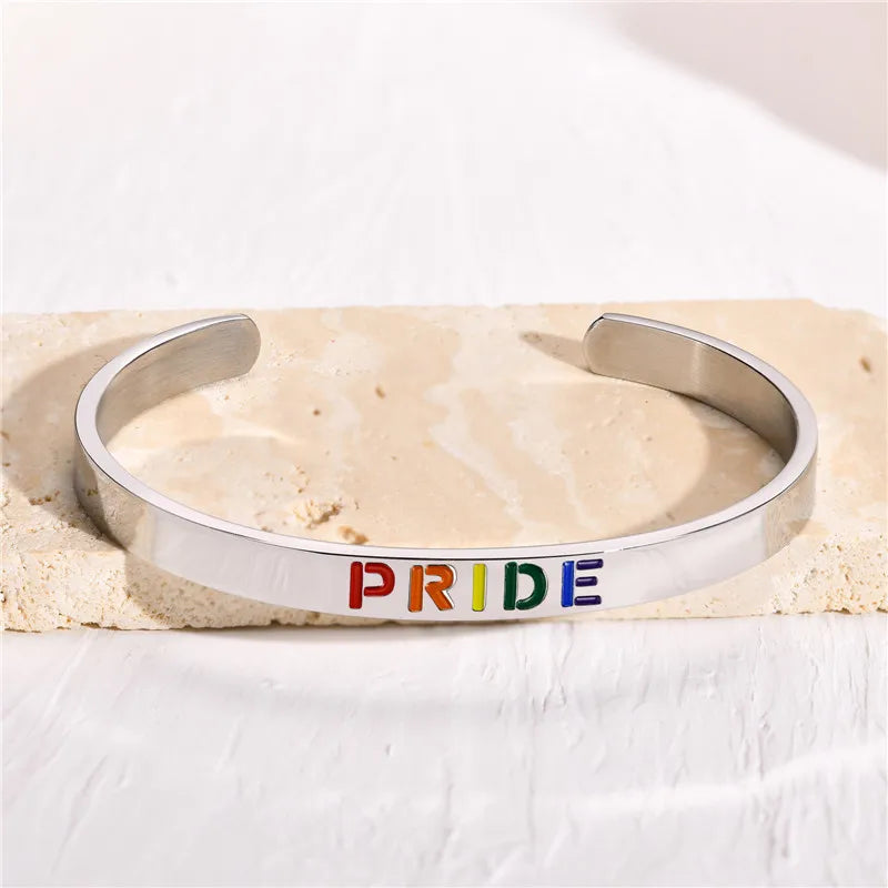 MKENDN Black Rainbow Pride Charm Cuff Bangle Bracelets for Men Women Jewelry Stainless Steel LGBT Pride Gifts Accessory