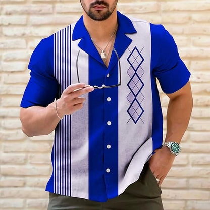 Mens Casual Vintage Bowling Shirt Retro Striped Short Sleeve Button Down Shirts Beach Shirt Men's Tops Costume