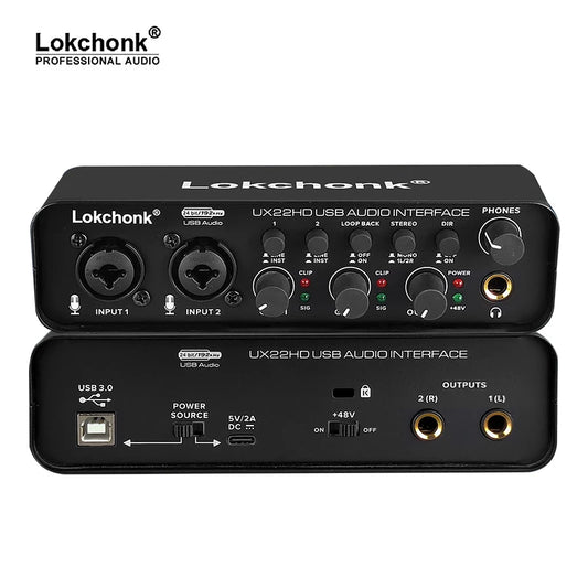 UX22 Audio Interface Sound Card 32-bit/192KHz AD Converter, Electric Guitar Live Recording Professional Studio Singing, Podcast