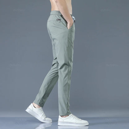 2024 Men's Trousers Spring Summer New Ultrathin Green Solid Color Fashion Pocket Applique Full Length Casual Work Pants Pantalon